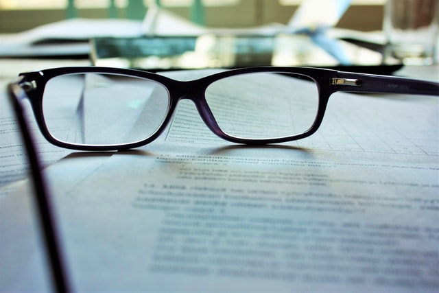 Reading glasses over a printed document